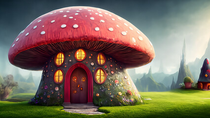 A quaint fairy abode resembling a giant mushroom, complete with a vibrant red cap. AI Generative - obrazy, fototapety, plakaty