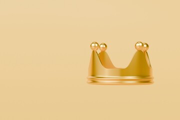 3D Yellow Gold royal king crown icon isolated on yellow pastel background. Minimal Realistic creative conceptual symbol of imperial power. Luxury, wealth and power. Monarchy and Leadership. 3d render. - obrazy, fototapety, plakaty