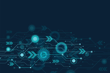 Vector illustration gear wheel, hexagons and circuit board, Hi-tech digital technology and engineering, digital telecom technology concept. Abstract futuristic on dark blue background