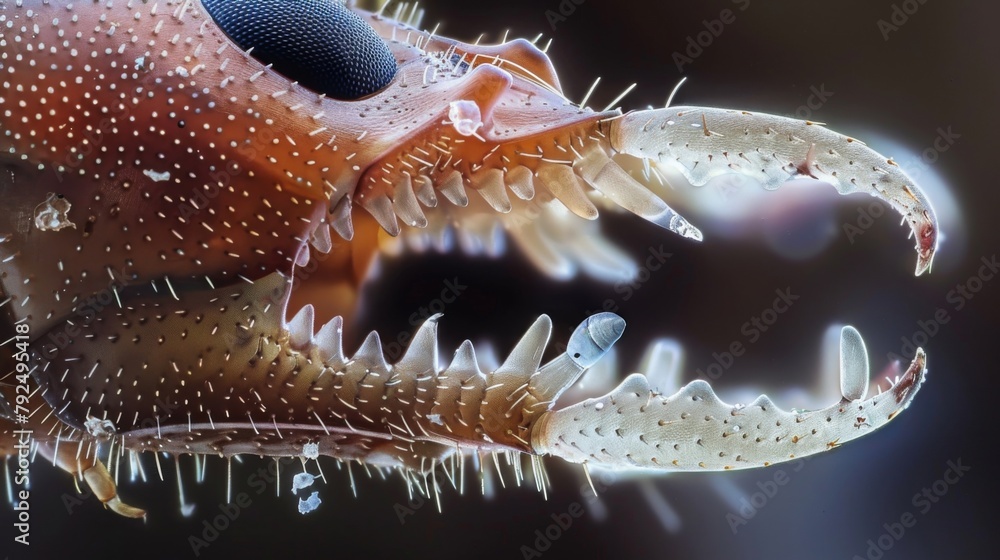 Poster a microscopic image of an ants mandible showing the sharp teeth and serrated edges that allow it to 