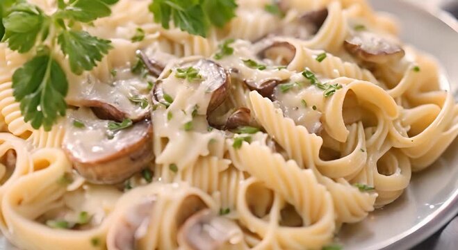 A close-up of a delicious and creamy pasta dish with sliced button mushrooms