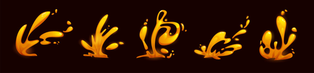 Volcanic lava splashes set isolated on black background. Vector cartoon illustration of volcano eruption magma flow, hot orange substance burst, magic effect, burning stream, vfx game design elements