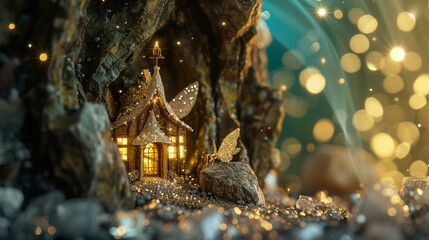 A secret fairy residence tucked within the glittering walls of a crystal cave. AI Generative - obrazy, fototapety, plakaty