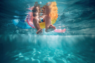 A baby on a colourful float in a swimming pool, their tiny feet visible underwater.