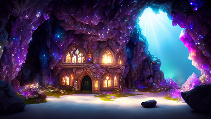 A secret fairy residence tucked within the glittering walls of a crystal cave. AI Generative - obrazy, fototapety, plakaty