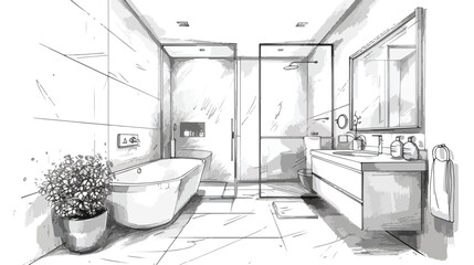 Hand drawn modern bathroom interior design sketch illustration