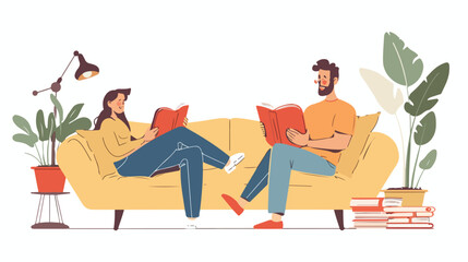 Man and woman reading books on the sofa. Flat style