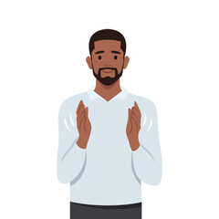 Young black man claps his hands. Gesture of admiration. Bravo. Congratulations. Flat vector illustration isolated on white background