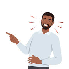 Young black man laughing while pointing. Flat vector illustration isolated on white background