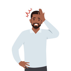 Unhappy young man squeezing head with hands. Emotions and body language concept. Flat vector illustration isolated on white background