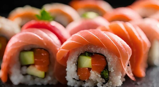 Rows of Fresh Sushi on a Black Plate