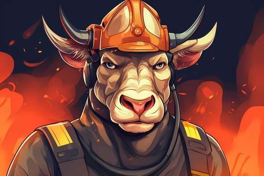 cartoon illustration, a firefighter bull