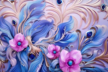 a painting of flowers and beads with a necklace on it.