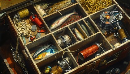 Transport viewers into a world of angling anticipation with a stunning oil painting of a worms-eye view fishing tackle box, featuring rich textures and intricate details of bait, reels, and other fish