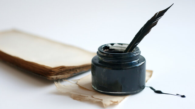 An antique quill in an inkwell on parchment with ink blots on a white background.