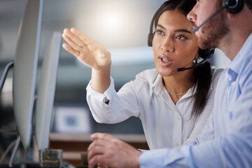 Team, call center and woman coaching man on computer for support, help or customer service training...
