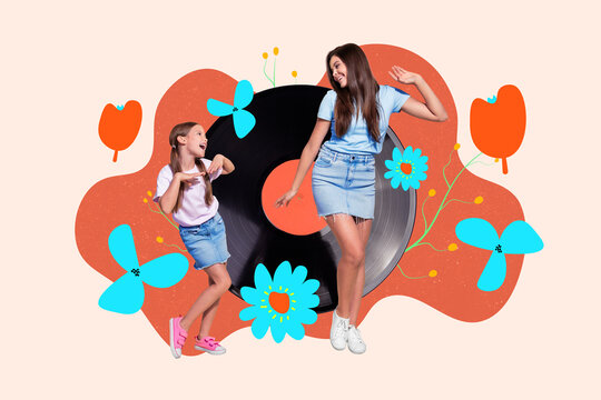 Photo collage image of two girls cousins sisters celebrate family holiday dance isolated over bright color background