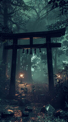 Japanese torii Shinto shrine gate in the night forest, creepy ambience. vertical