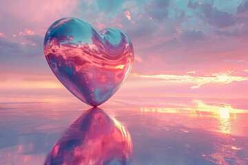 3D metallic pink heart, centered, expansive shining sky, wide text area, background pure - obrazy, fototapety, plakaty