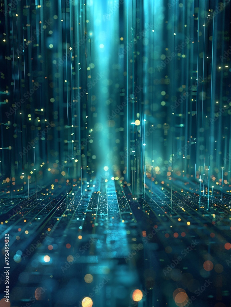 Poster the up stream data particles and circuit board with glowing lights