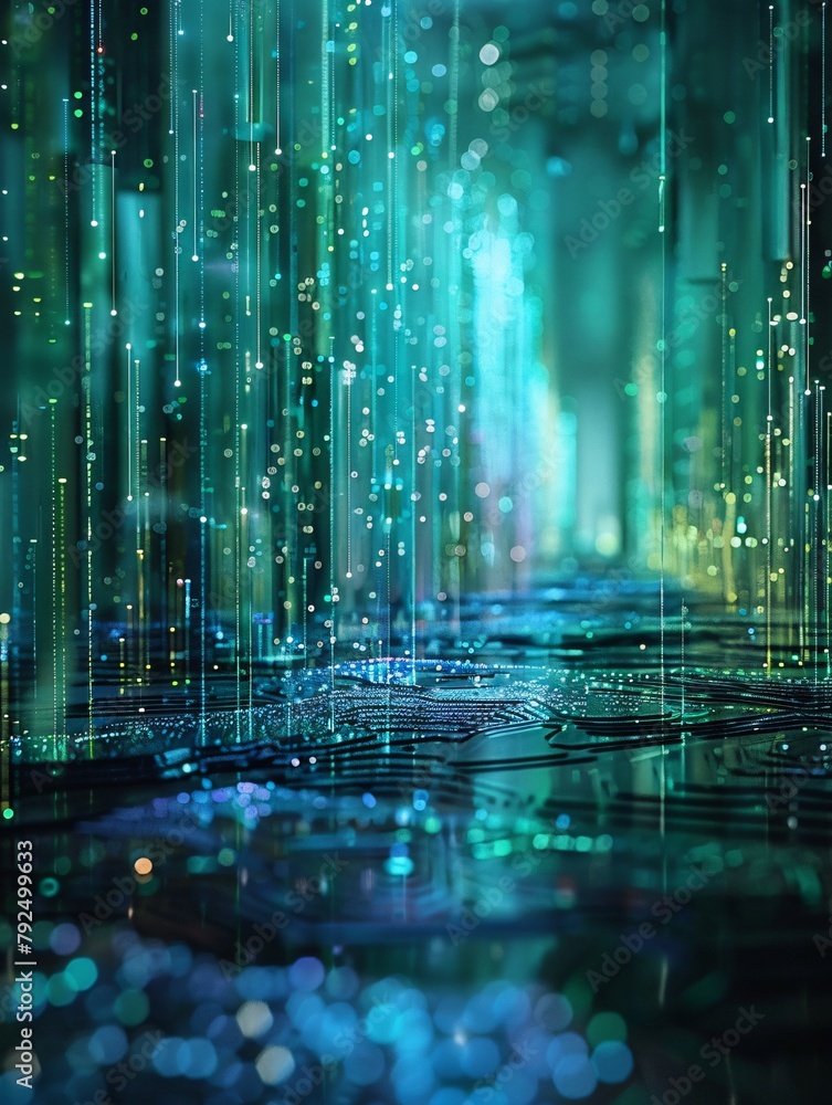 Poster the up stream data particles and circuit board with green glowing lights
