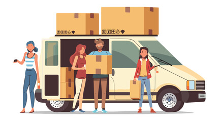 Man woman and girl hold boxes. Moving house. Minivan