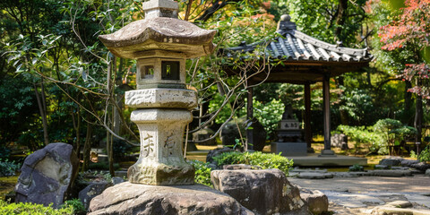 japanese toro stone lantern at shrine entrance. - obrazy, fototapety, plakaty