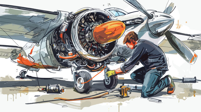 Mechanic is repairing the engine of a light aircraf