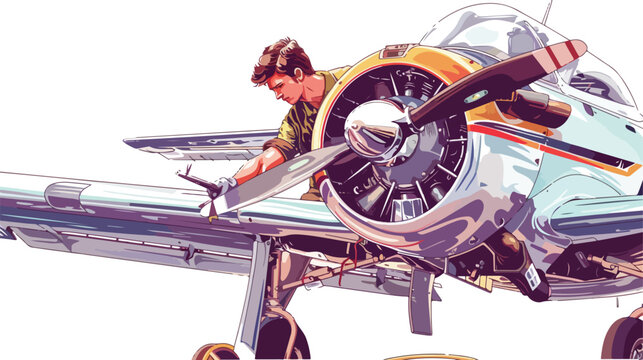 Mechanic is repairing the engine of a light aircraft