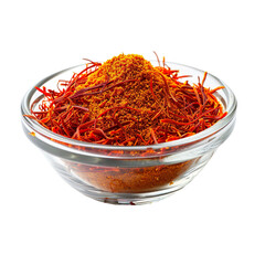 Fototapeta premium Extreme Front view of powdered saffron in a small glass bowl isolated on a white transparent background