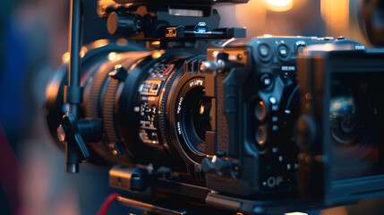 Fototapeta na wymiar Professional camera closeup in studio ,film camera in studio for shooting ,Behind the scenes of filming and video production is a professional camera outdoor, cinema equipment
