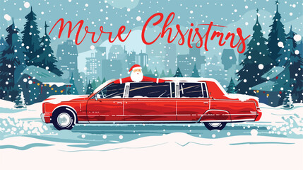 Merry Christmas stylized typography. Red limousine - obrazy, fototapety, plakaty