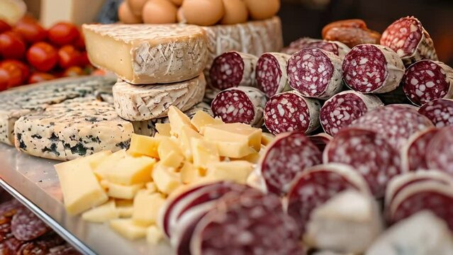 Tuscan Delight: Cheeses and Salami Showcase. Concept Tuscan Cuisine, Cheese Pairings, Salami Selection, Food Presentation, Italian Delicacies