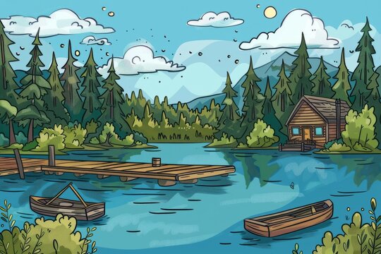 Cartoon cute doodles of a serene lakeside retreat with a wooden dock, rowboats, and a cozy cabin nestled among the trees, Generative AI