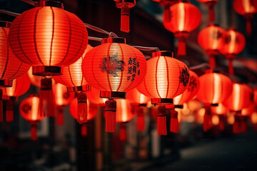 Chinese red paper lanterns with red light at night background. Night background with copy space