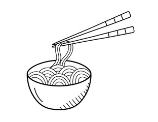 Soup with noodles, eggs, and shrimp in a bowl. Vector illustration of Asian cuisine, doodle icons for restaurant menus. - 792501299