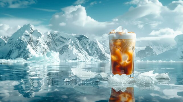 Ice latte floating on iceberg, snowcapped peaks, wide text area, background spotless