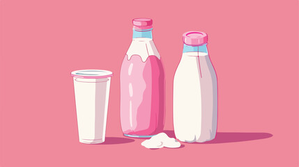 Milk packaging products on pink background. Colorful
