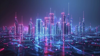 3D rendered futuristic hologram city, suspended in sky with vivid neon outlines, minimal style