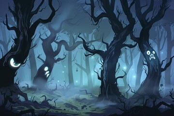 Cartoon cute doodles of a spooky haunted forest with gnarled trees, swirling mist, and mysterious glowing eyes peering out from the shadows, Generative AI