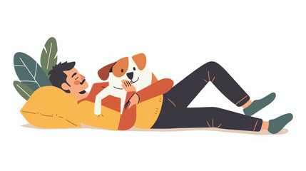 Person relaxing lying with cute dog. Pet owner and ca
