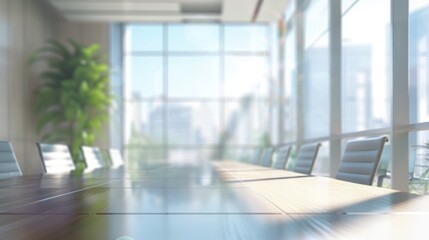 Modern office interior with glass walls, panoramic banner, blurred background