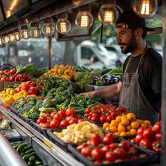 fresh produce being loaded into vacant food truck by chef ai technology