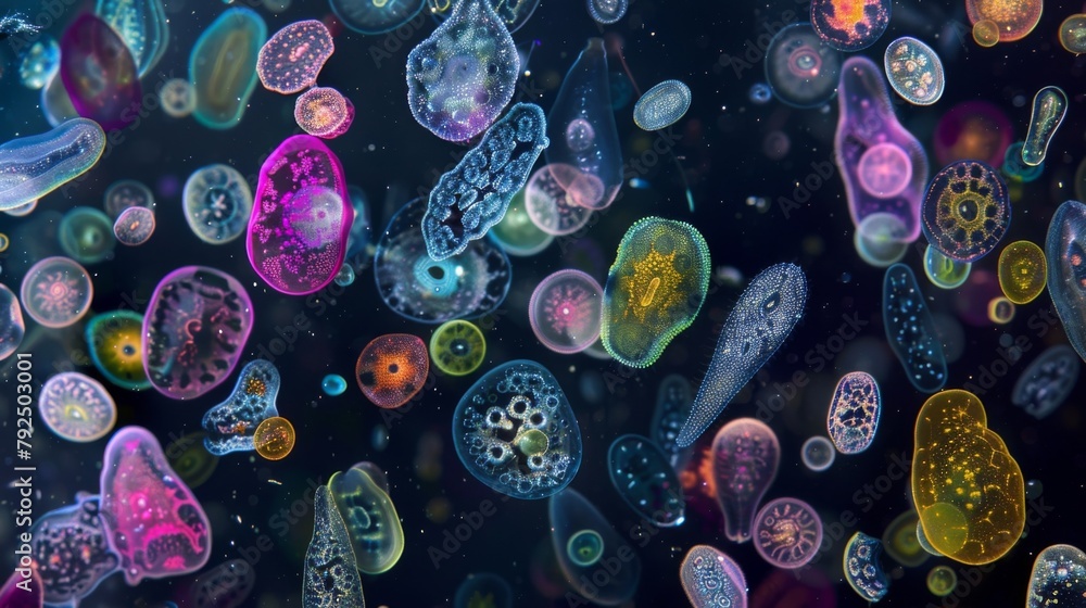 Poster a colorful microscopic snapshot of a diverse community of phytoplankton ranging from round cells to 