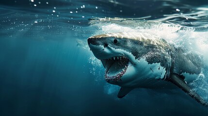 Thrilling great white attack in the sea, vast copy space, clean background, intense