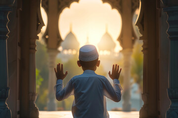 Photo back view of asian muslim kid with cap praying