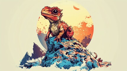 Whimsical t-shirt design of monster atop dinosaur, clear background,