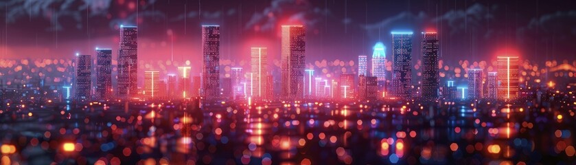 A futuristic urban landscape in 3D, glowing with neon blue and pink accents against a dark backdrop, embodies abstract minimalism.