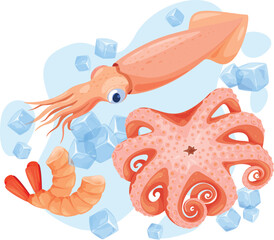Fototapeta na wymiar Frozen fresh seafood octopus shrimp squid with ice cubes isometric vector illustration