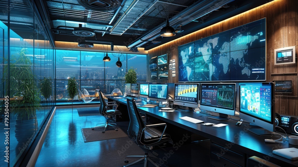 Poster in an office building, a row of computer monitors sits on a desk, creating a symmetrical display. th
